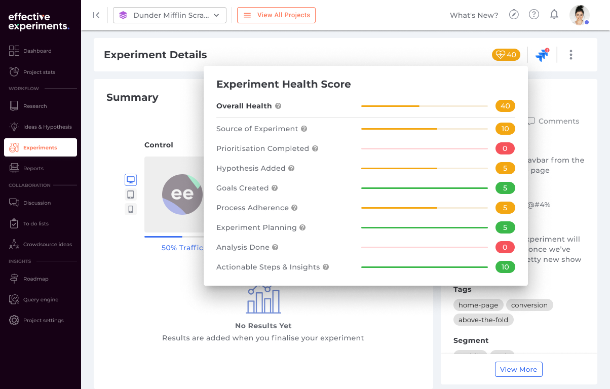 experiment health score